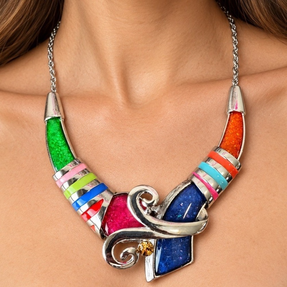 Girl Era Multicolor Enamel Statement Necklace Abstract Color Block Silver Tone